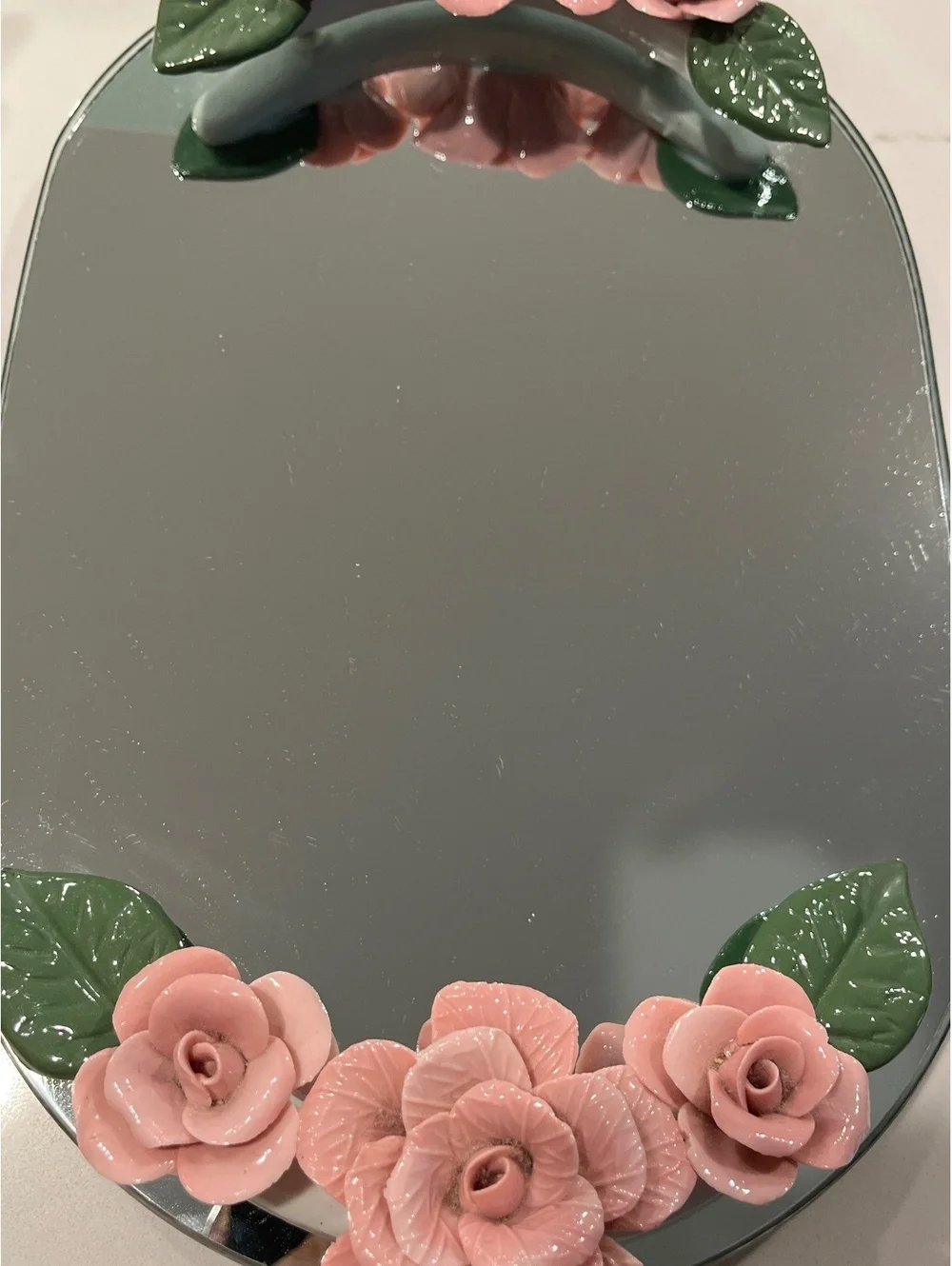 Vintage Pink Porcelain Rose Mirrored Vanity Tray Shabby Chic Cottagecore 13”